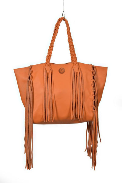 Orange Leather Cleo Fringe Tote