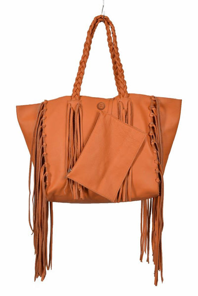 Orange Leather Cleo Fringe Tote