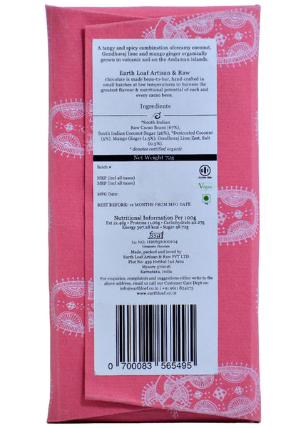 Organic Chocolate Bars- Coconut, Ginger & Gondhoraj, Earth Loaf (72gm)
